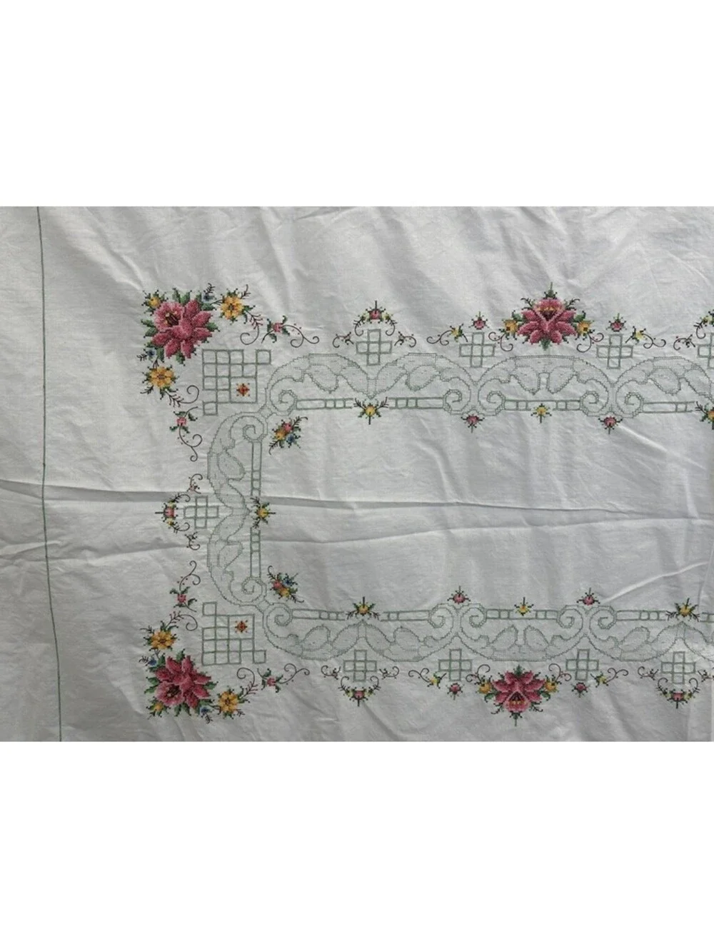 Vintage Geometric Floral Embroidery Cross Stitch Flowers Tablecloth Topper 63x96